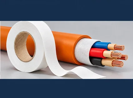 A practical application shot demonstrating the raw material—a roll of non-woven binding tape—alongside a stripped multi-conductor cable. The image visualizes how the engineered tape creates a uniform and compact core geometry for dynamic cable assemblies.