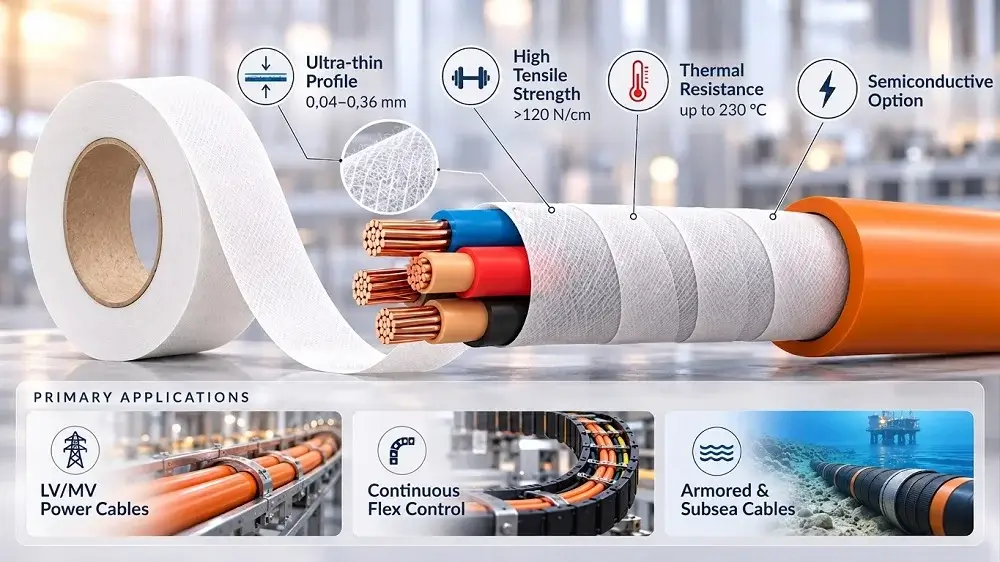 A comprehensive engineering infographic detailing how specialized non-woven and woven binding tapes maintain the structural integrity and thermal separation of dynamic industrial cables during the sheath extrusion process.