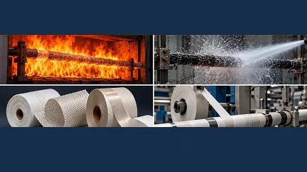 UL 2196 circuit integrity standards: Technical cross-section of an electrical cable showing copper conductor, inner insulation layer, yellow woven glass fiber substrate, and outer jacket in front of a UL 2196 industrial fire test furnace.