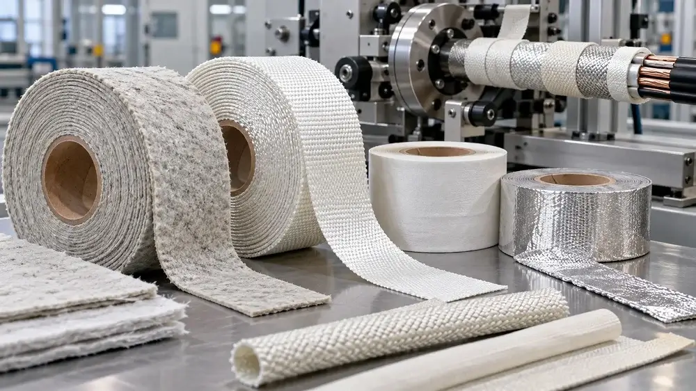 UL 2196 circuit integrity standards: Industrial technical textiles and inorganic substrates including woven glass fiber tapes, non-woven tapes, and metallic shields displayed next to a high-speed cable wrapping machine.