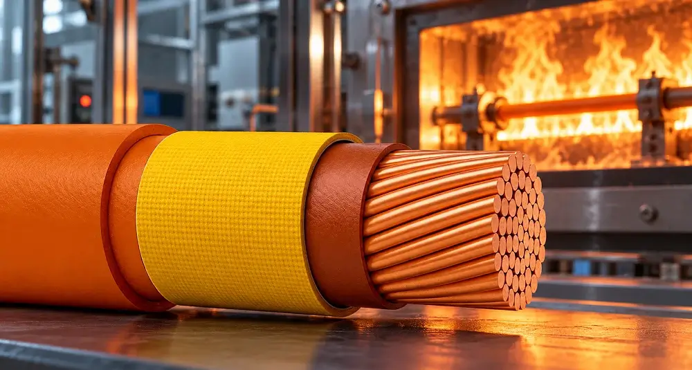 Technical cross-section of an electrical cable showing copper conductor, inner insulation layer, yellow woven glass fiber substrate, and outer jacket in front of a UL 2196 industrial fire test furnace.