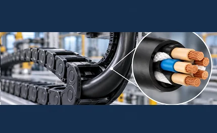High-flexibility industrial cable design utilized in automated drag chain systems. Close-up detail highlighting stranded copper conductors and white cotton filler cords that ensure mechanical durability and roundness.