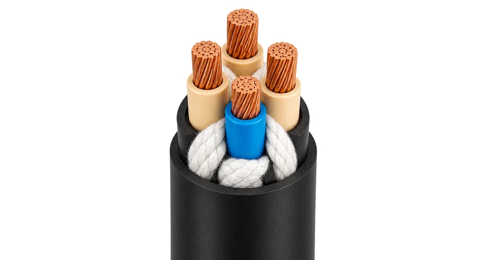 Internal cross-section of a continuous-flex industrial cable design, showing copper conductors stabilized by white cotton filler cords to absorb mechanical stress during repetitive bending.