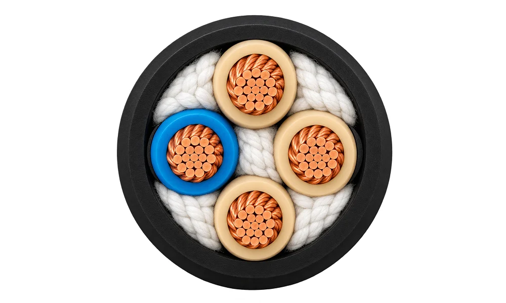 Concentric industrial cable design featuring four stranded copper cores and high-tensile white cotton filler cords to maintain roundness and prevent internal core displacement.