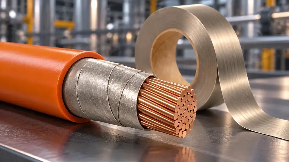 Technical close-up of a stripped high-temperature industrial power cable with a stranded copper core, showing the inner silver mica tape insulation layer and the orange outer jacket, next to a roll of mica tape on a metallic surface.
