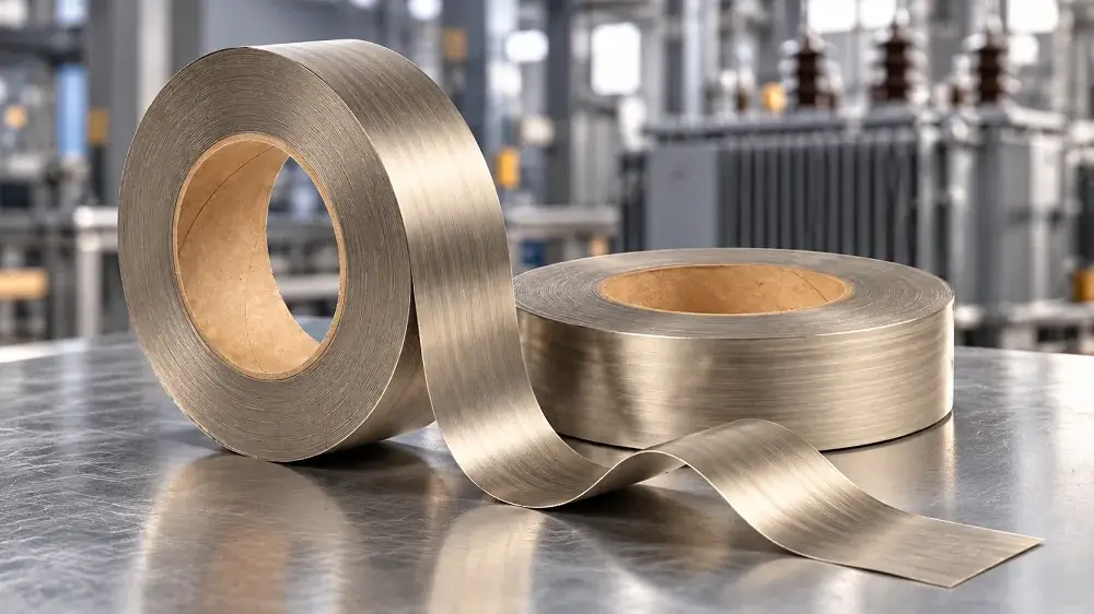 Two technical rolls of mica tape for electrical insulation with cardboard cores, one standing and one lying down with the loose end extending, displayed on a metallic table inside a factory setting with a blurred industrial transformer in the background.