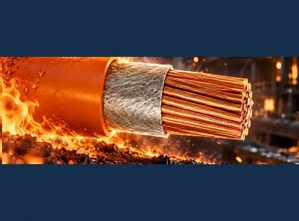 Conceptual and technical photograph showing a high-temperature industrial power cable with an orange jacket and silver mica tape insulation, withstanding direct fire with visible flames at the bottom, against a dark blue background. Illustrates circuit integrity during a fire.