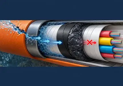ction mechanism of a swellable water blocking tape in a multi-conductor cable assembly. Demonstrates SAP polymer expansion creating a gel seal against longitudinal hydrostatic water migration.