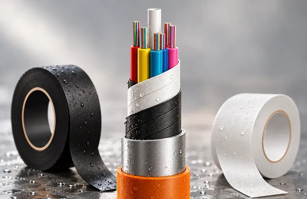 Water sealing components for industrial cable manufacturing: rolls of black semi conductive water blocking tapes and white non conductive water blocking tapes with moisture droplets, shown beside a multi-core power cable assembly.