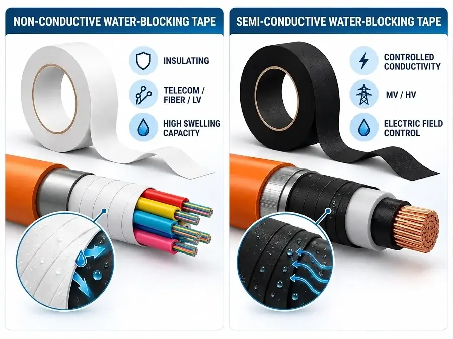 Technical infographic for cable design: semi-conductive vs. non-conductive water blocking tape selection guide, illustrating differences in electrical resistance, field stress control, and application in medium and high-voltage power cables.